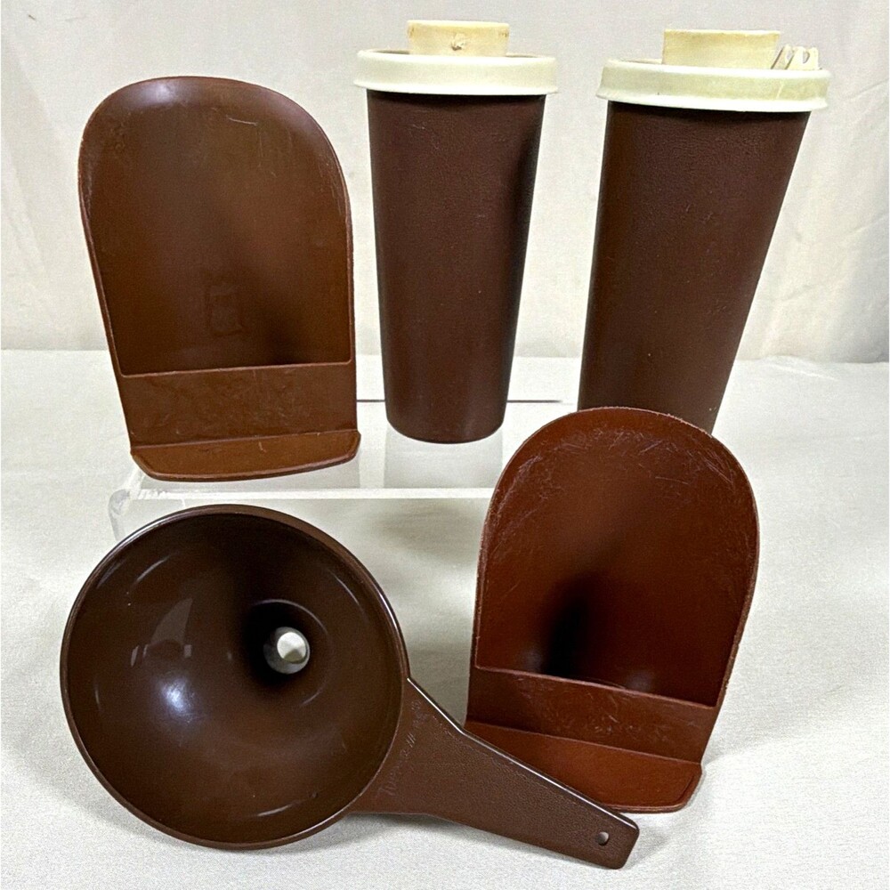 Vintage Tupperware Brown Shakers Rocker Scoops Funnel Kitchen Lot 7 Pc